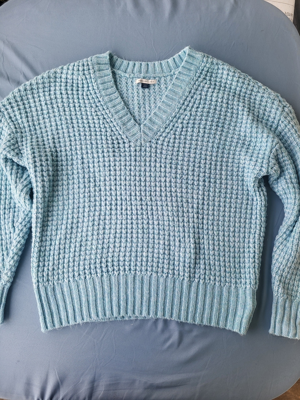 American Eagle Outfitters Light Blue V-Neck Waffle Knit Sweater